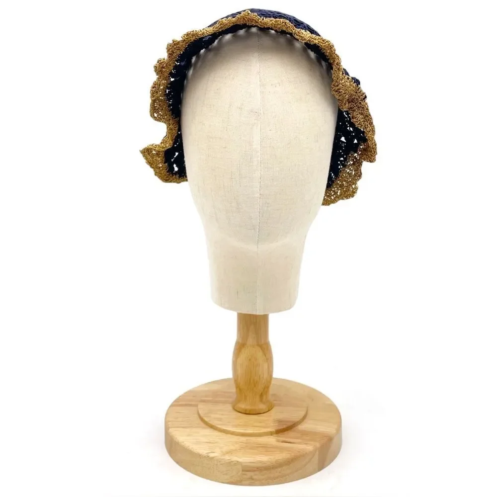 Vintage 1930s Navy Crochet Cloche Hat Gold Lace Trim Ribbon Bow Women’s One Size - Picture 6 of 14